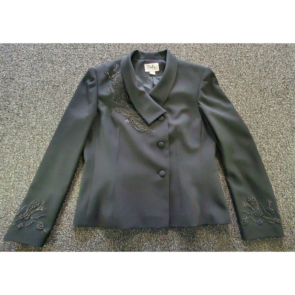 Emily 3 Button Suit Jacket Women’s 12 Petite Black Embroidered Beaded Career